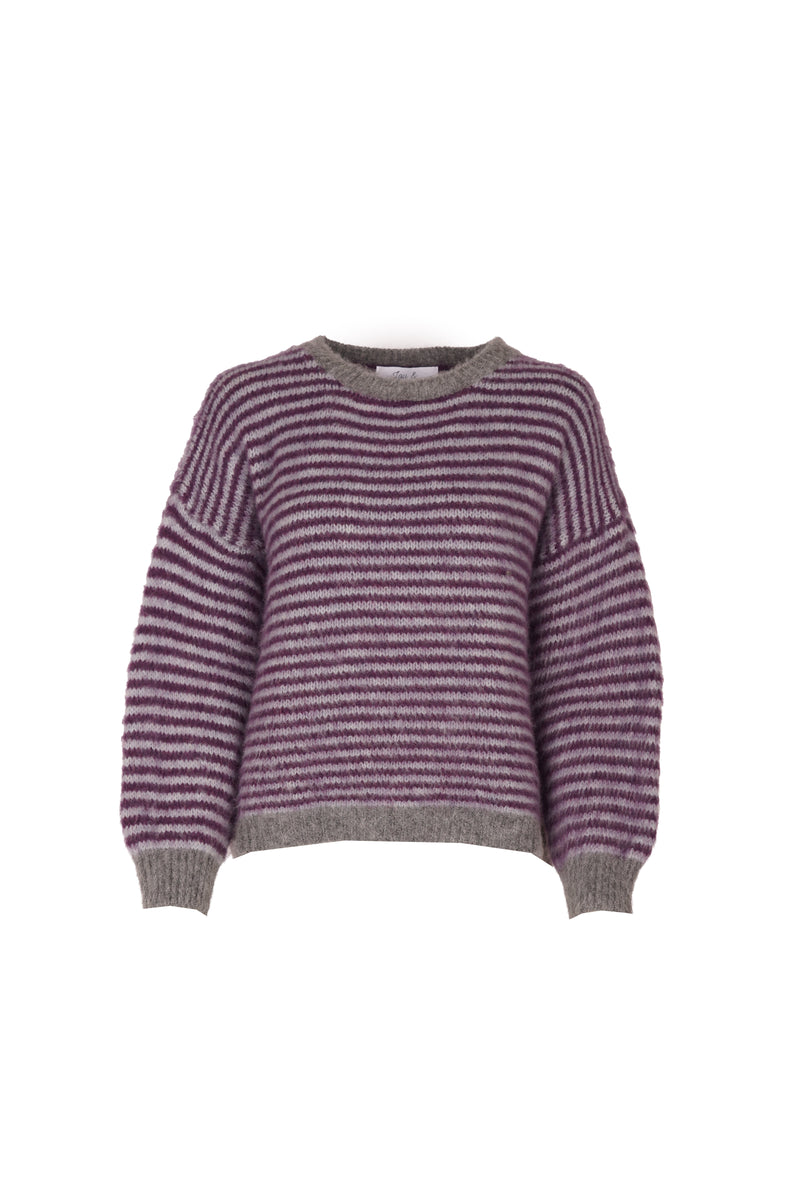 Anna Pullover Crew Neck Stripes Pastel Blue / Burgundy-zoom-