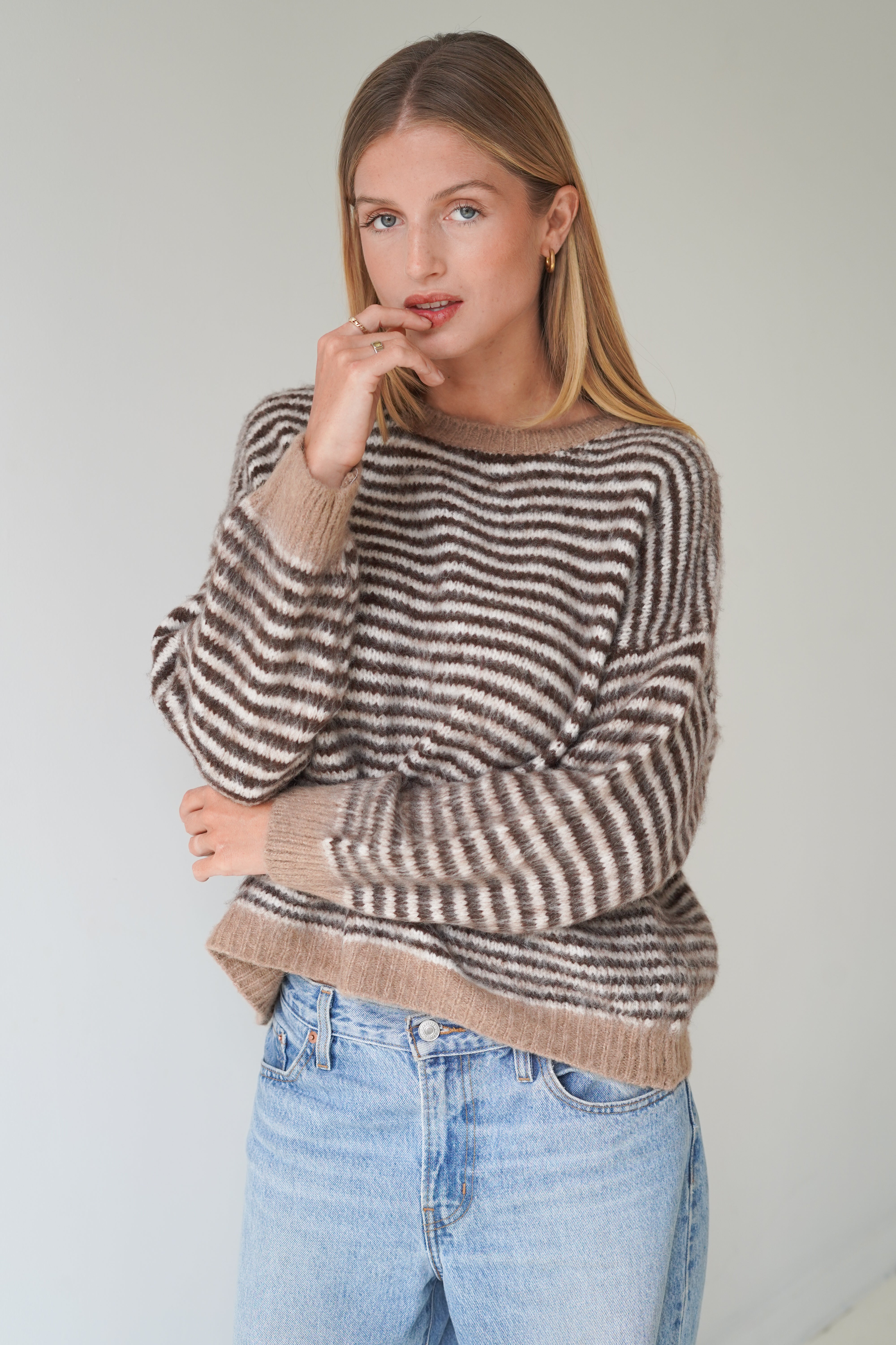 Anna Pullover Crew Neck Stripes Beige / Brown-zoom-2