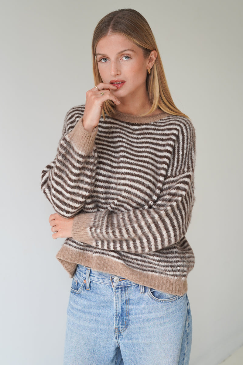 Anna Pullover Crew Neck Stripes Beige / Brown-zoom-