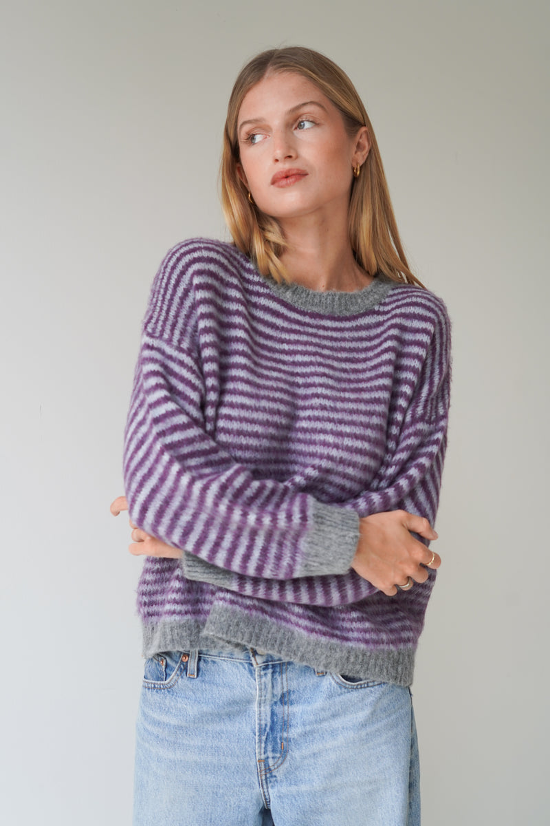 Anna Pullover Crew Neck Stripes Pastel Blue / Burgundy-zoom-