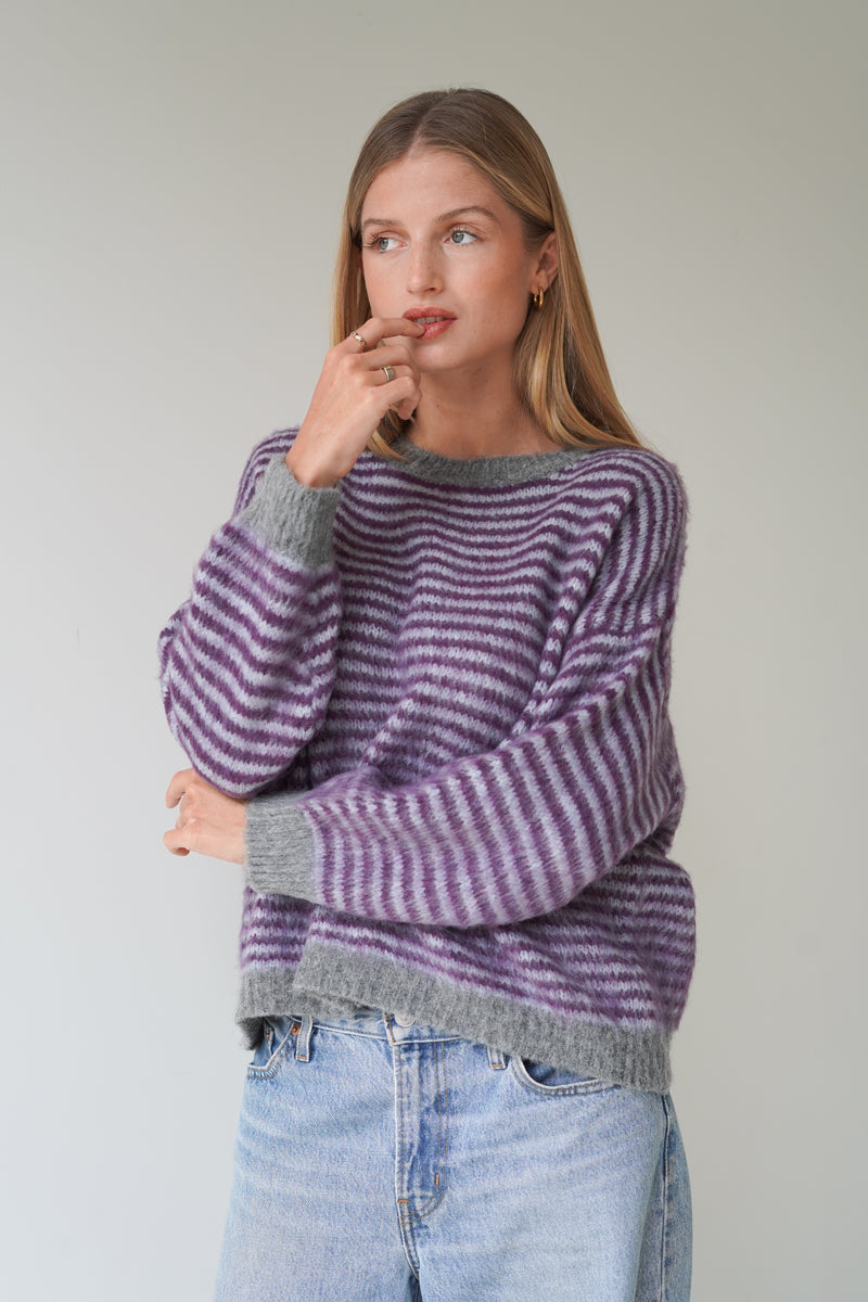 Anna Pullover Crew Neck Stripes Pastel Blue / Burgundy-zoom-