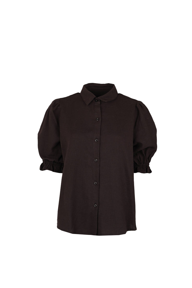 Veronique Blouse Puff Sleeve Linen Black-zoom-