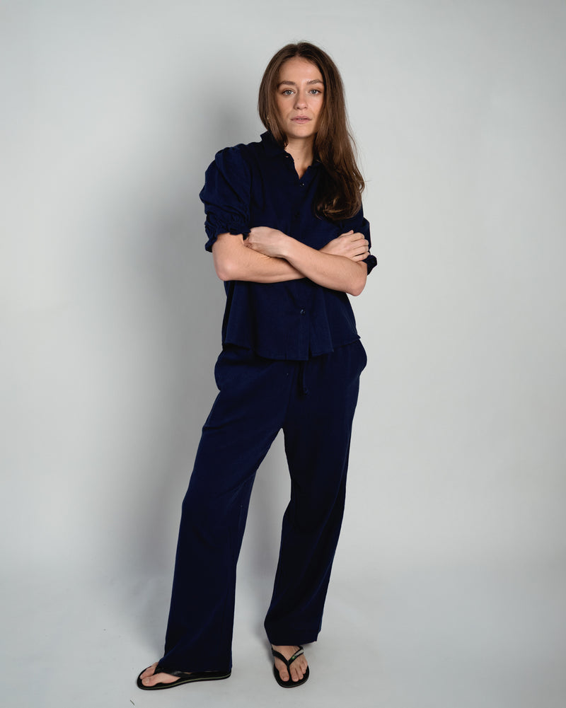 Veronique Blouse Puff Sleeve Linen Navy-zoom-