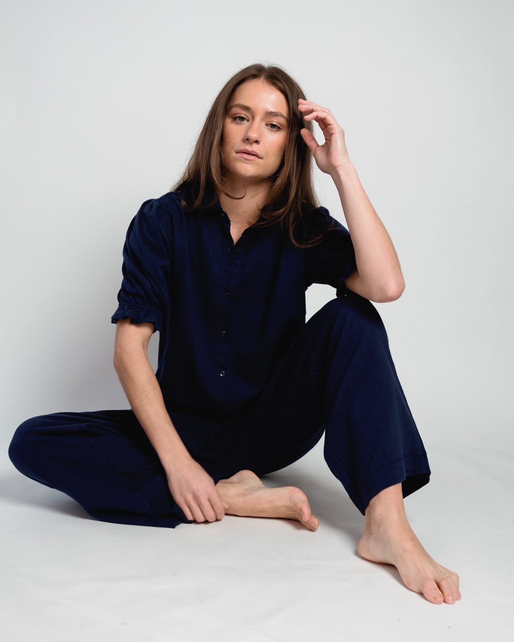 Veronique Blouse Puff Sleeve Linen Navy-1