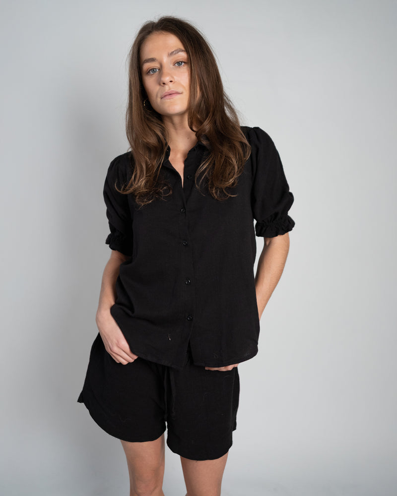 Veronique Blouse Puff Sleeve Linen Black-zoom-
