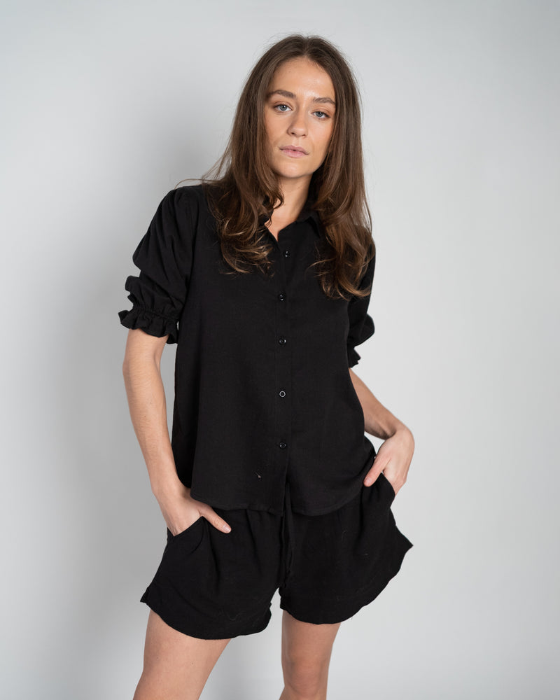Veronique Blouse Puff Sleeve Linen Black-zoom-