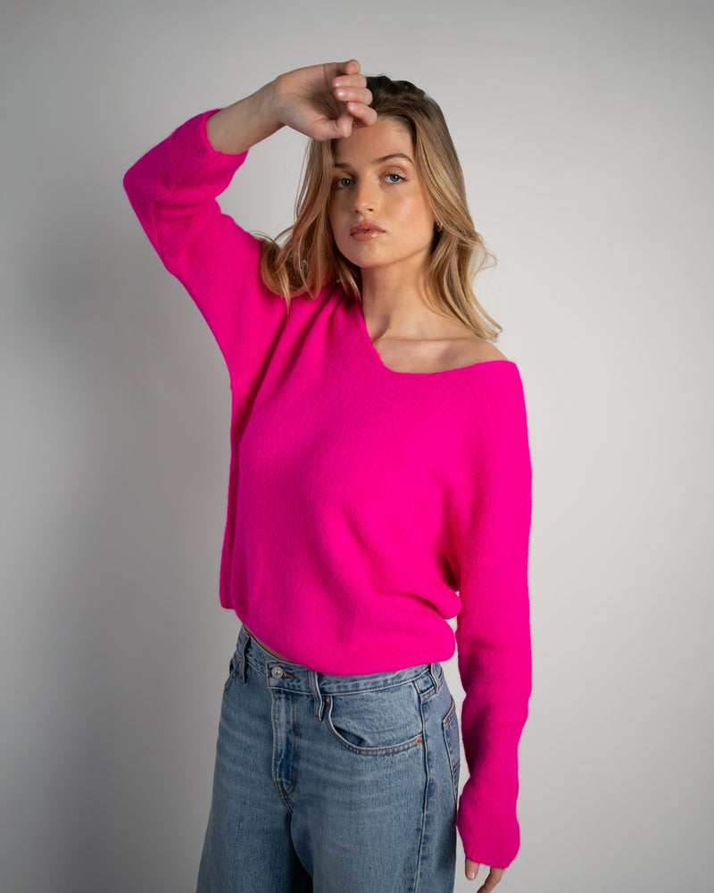 Bibi Pullover V-Neck Neon Pink-zoom-
